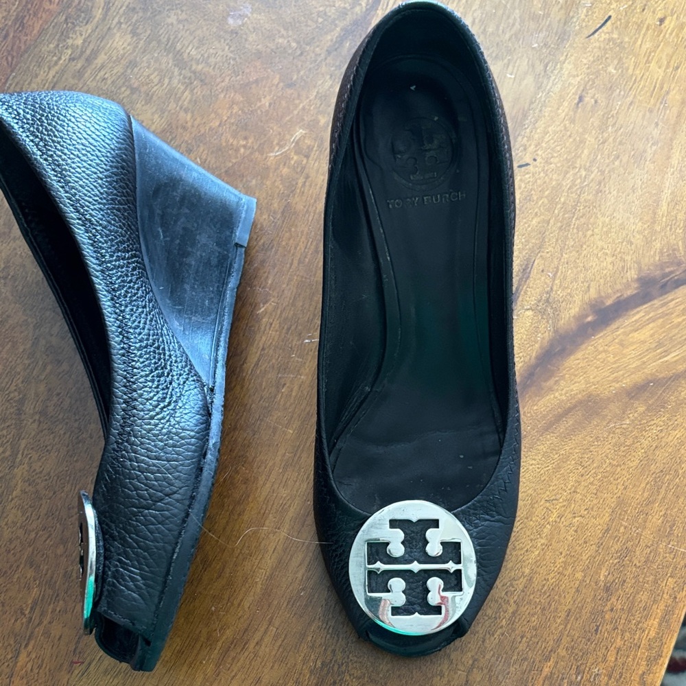 Tory Burch Peep-toe Black Wedge Shoes